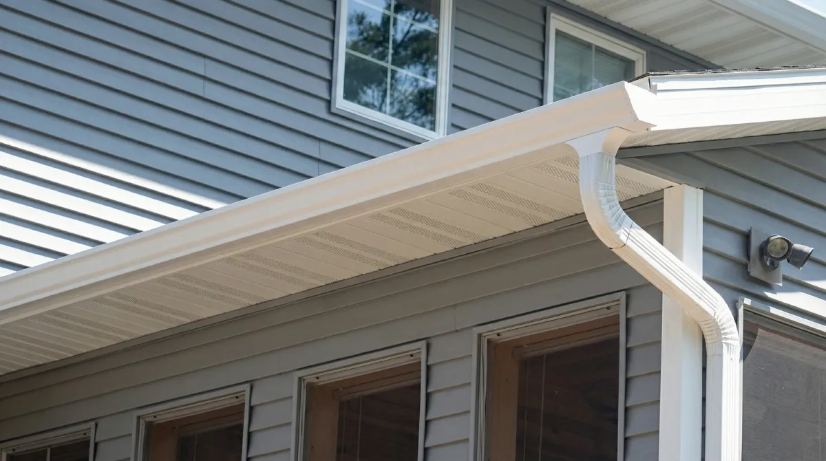 Professional home remodeling project showing newly installed white seamless gutters and downspouts on a house with gray siding in South Bend, IN