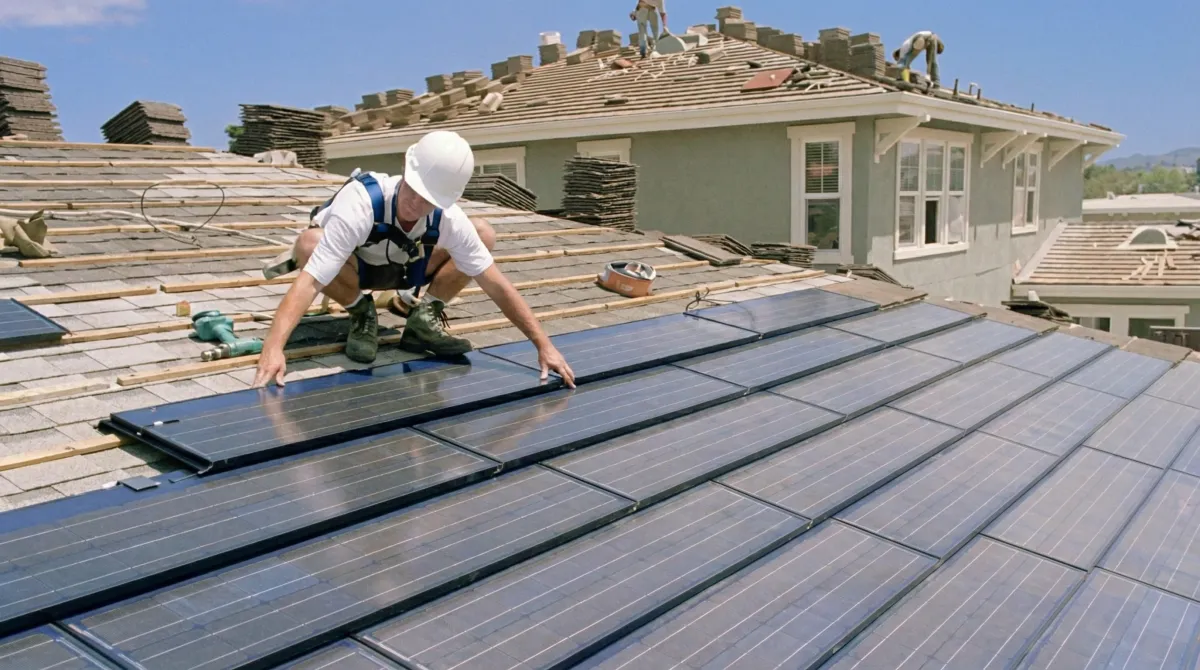Roof replacement expert installing modern solar shingles on a residential home in South Bend, IN