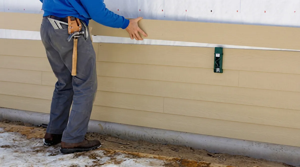 Siding replacement expert carefully aligning a new tan siding panel onto a residential exterior wall in South Bend, IN