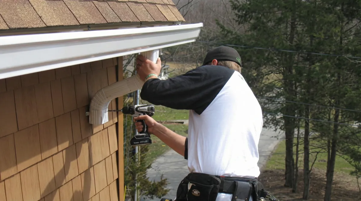 Professional contractor installing tan vinyl siding panels on a residential home exterior in South Bend, IN