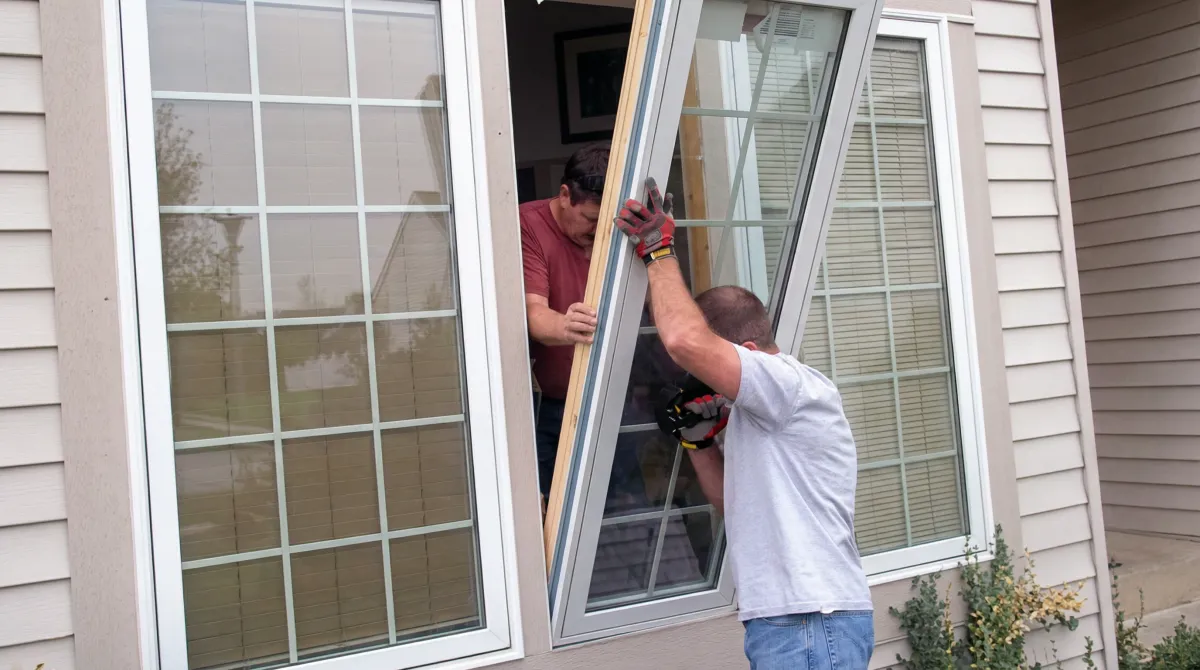 Professional home remodeling team installing a large replacement window on a house with tan siding in South Bend, IN